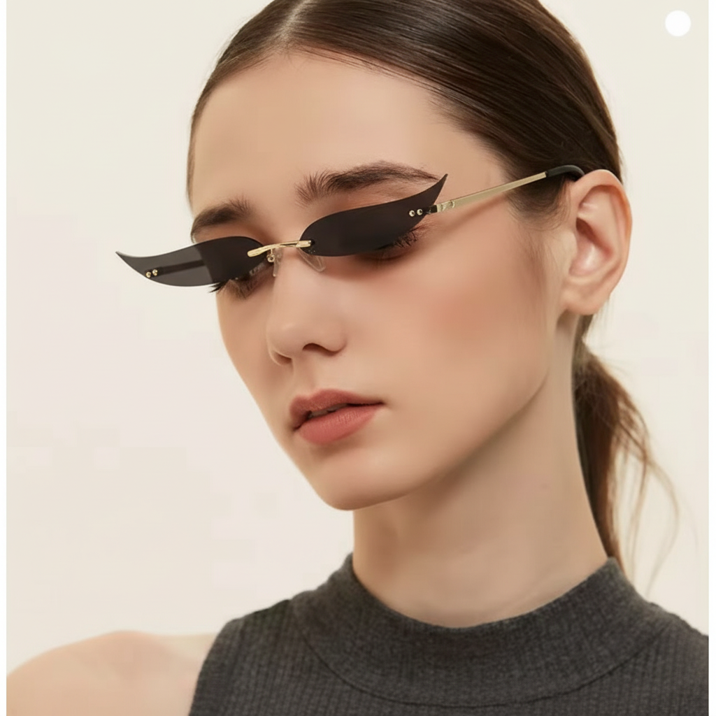 Lunettes de soleil sans monture pour femme – Design « Feuilles de saule » – Monture métallique – Style mode – Couleur unie – Verres effet « Océan » – Protection UV400 – Idéales pour les soirées