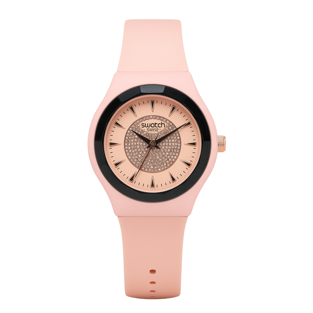 Montre Swatch Rose Poudré Scintillante avec Cadran Cristallisé