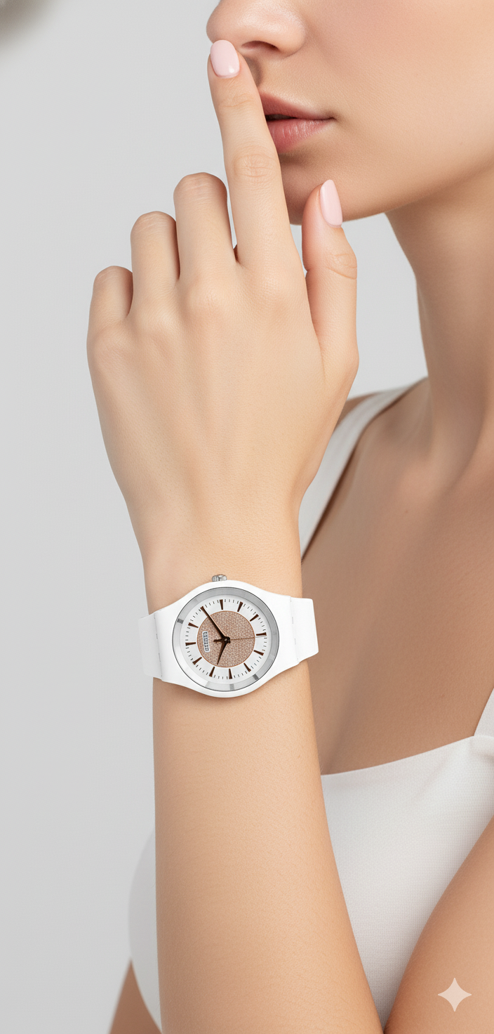 Swatch Femme Blanche Quartz Swiss – Design Élégant Blanc & Beige Doré | Résistante à l’eau, Garantie 2 Ans