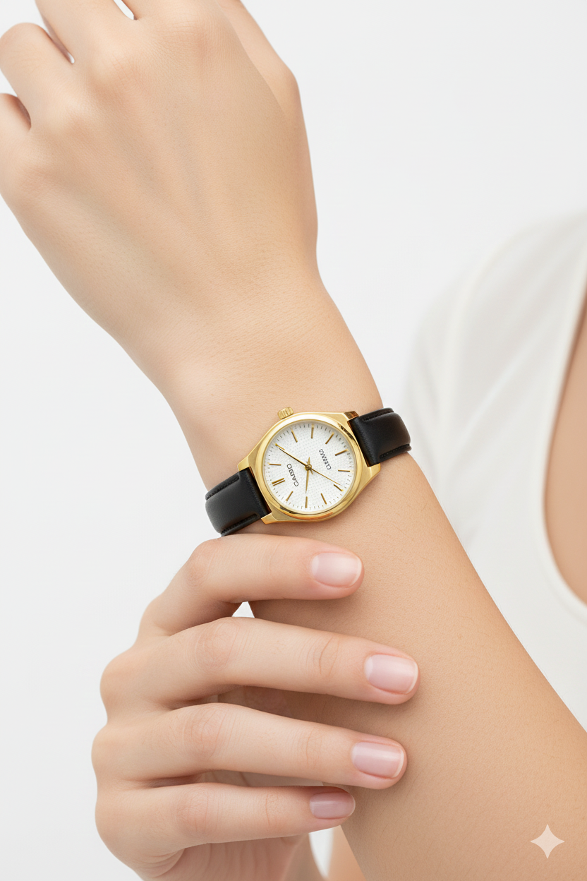 Montre Casio Classique Dorée à Cadran Clair – Bracelet Cuir Noir