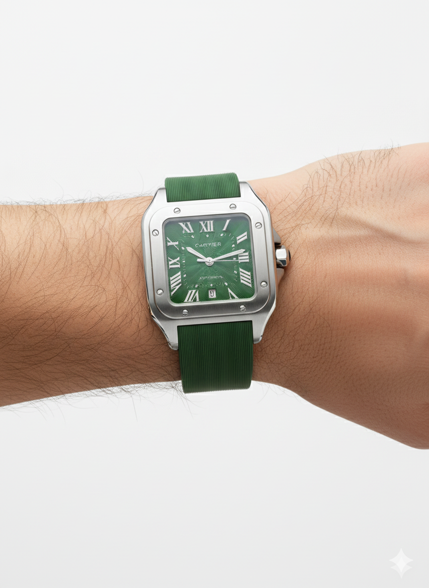 Montre Cartier Santos – Cadran Vert & Boîtier Argent | Édition Premium