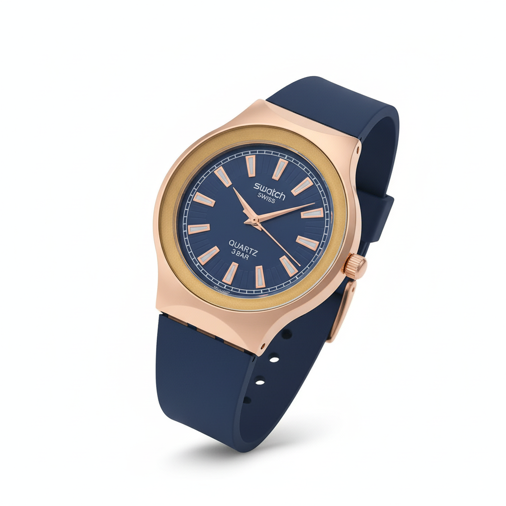 Montre Swatch Bleu &amp; Or Rose – L’Élégance Moderne au Caractère Audacieux