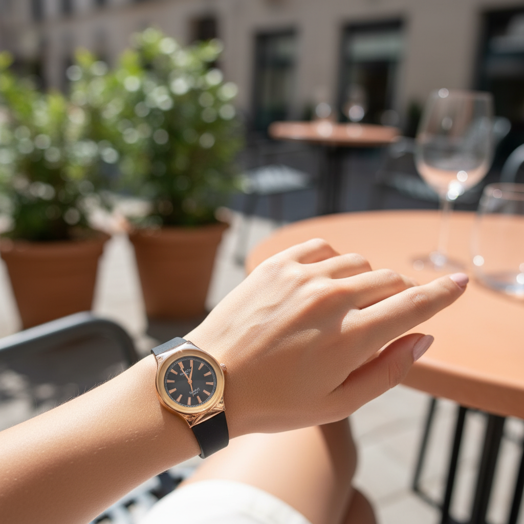 Montre Swatch Noir &amp; Or Rose – L’Élégance Intemporelle au Style Contemporain