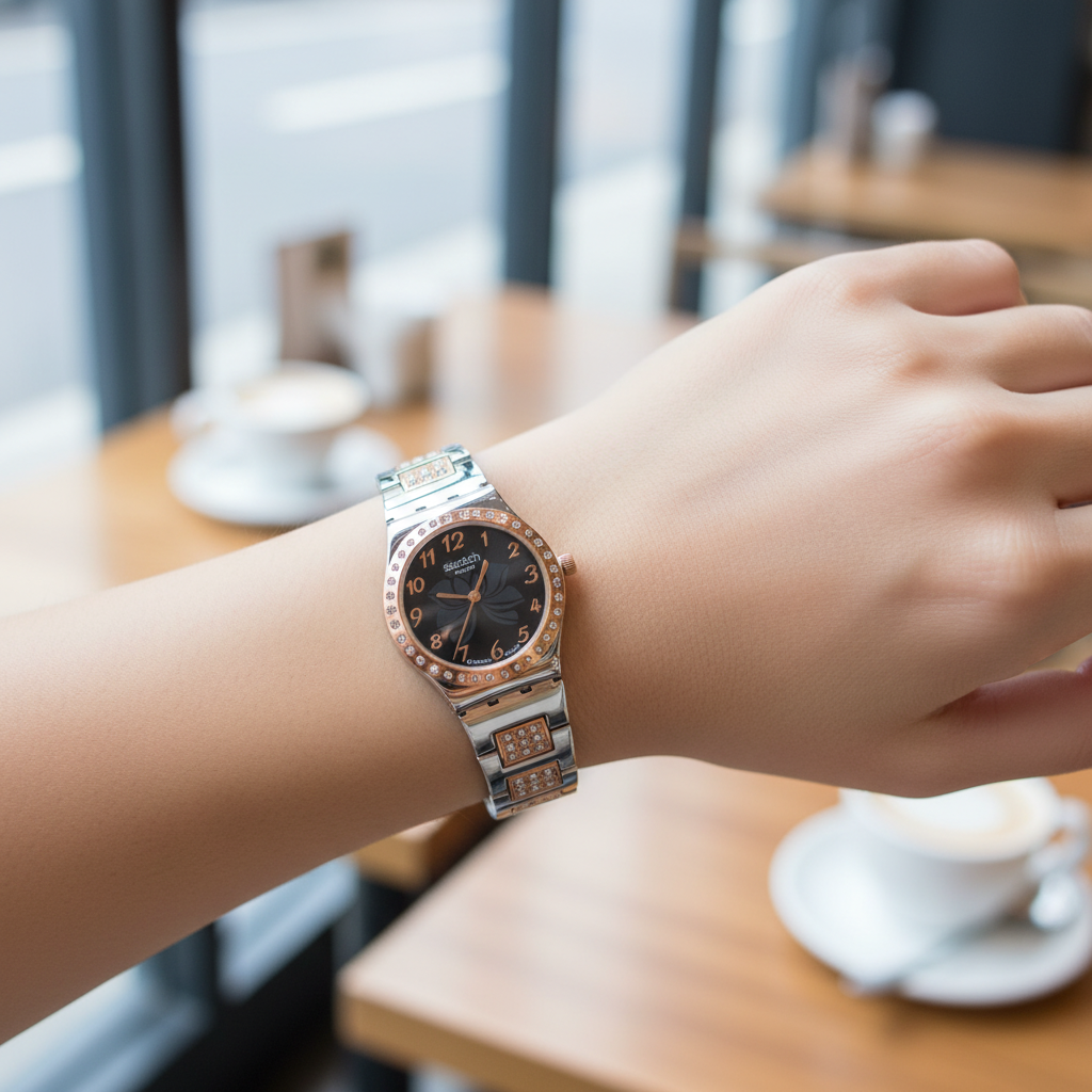 Swatch Élégance Cristalline Noir &amp; Or Rose – Le Raffinement au Quotidien