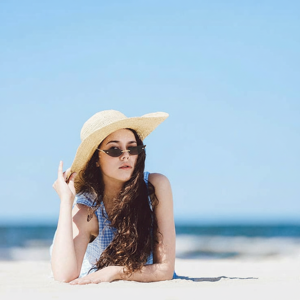 Lunettes de soleil sans monture pour femme – Design « Feuilles de saule » – Monture métallique – Style mode – Couleur unie – Verres effet « Océan » – Protection UV400 – Idéales pour les soirées